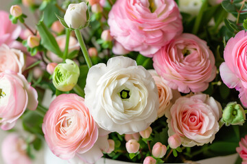 Close-up of a bouquet of pink and white flowers with a "Happy Mother's Day" tag, soft and elegant, celebrating motherhood