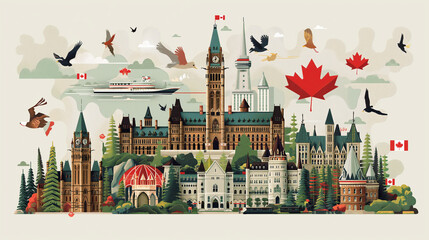 Historic Canadian landmarks and symbols, collage style, with Victoria Day greetings, celebrating Canadian heritage and monarchy - obrazy, fototapety, plakaty