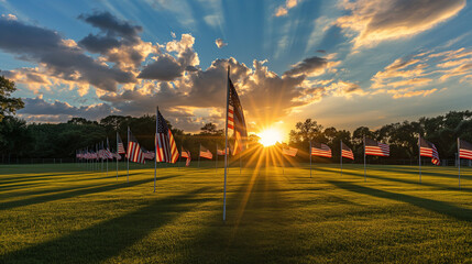 Sunset casting long shadows over a field of American flags, evocative and peaceful, Memorial Day remembrance and national pride - obrazy, fototapety, plakaty