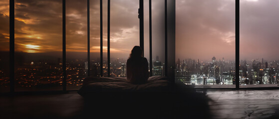lonely woman sits on the bed at home with a view from the window of the city skyscrapers in the evening in the rain, alone in the city.