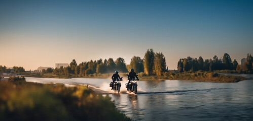 motorcyclist on a tourenduro motorcycle with panniers on a summer trip rides along a river over...