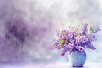 Watercolor illustration of lilacs in a vintage vase, soft pastels capturing the essence of Lilac Sunday, artistic and gentle