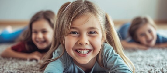 Fototapeta premium Two young girls enjoying a cozy moment lying on the floor at home