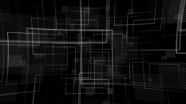 Simple abstract geometric technology background with a repeating minimalist pattern of square shapes and dashed lines. Full HD and looping black and white textured tech background.