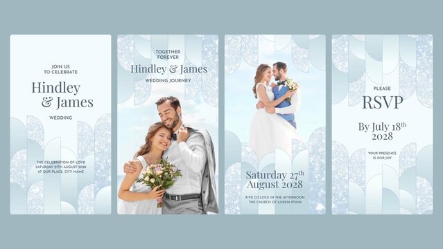 Light Blue Wedding Invite Invitation Video Template with Art Deco Pattern
