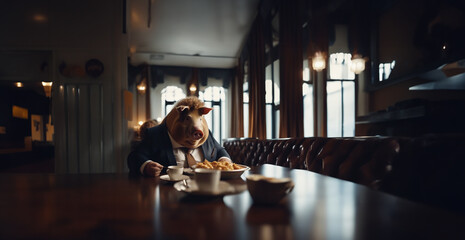 fat pig in a business suit eats at a table in a restaurant, overeating gluttony concept
