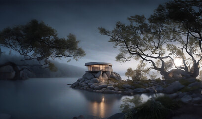 secluded remote house on a stone cliff on a lake, a sociopath's house made from natural materials.