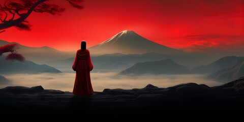 A woman clad in a vibrant red robe gazes at a majestic mountain reminiscent of Fuji in a traditional Japaneseinspired animation scenery. Concept Outdoor Photoshoot, Colorful Props, Mountains