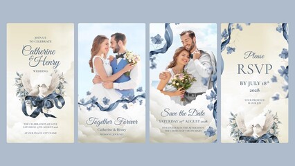 Wedding Invite Invitation Video Template with Blue Ribbons, Clouds & Doves - obrazy, fototapety, plakaty