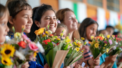 Schoolchildren Holding Flowers Extend Heartfelt Congratulations to Teachers on National Teacher's Day, Embracing the Spirit of Appreciation and Respect in a Blossoming Display of Thanks