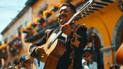 Traditional Mexican mariachi band performing against a backdrop of historic architecture,...