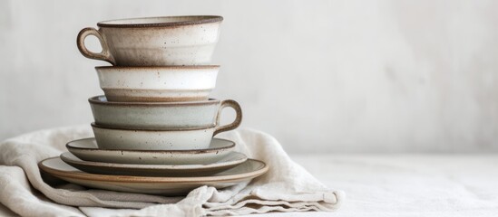 A beautifully arranged stack of colorful cups on a pristine white cloth