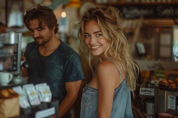 Happy blonde curly-haired woman smiling while standing next to man at cash register, paying for coffee in cafe. Couple enjoying morning coffee break together. Valentine's Day, anniversary, or everyday