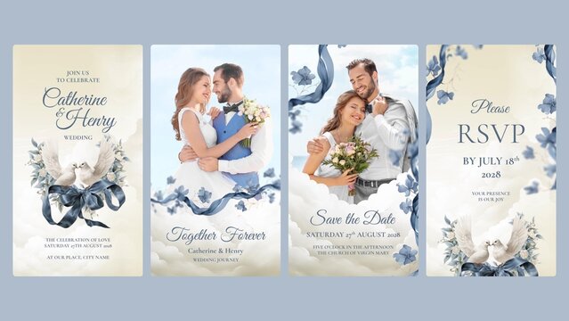 Wedding Invite Invitation Video Template with Blue Ribbons, Clouds & Doves