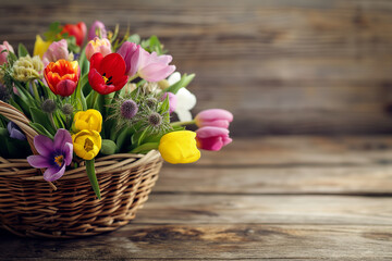 Close-up of a basket filled with spring flowers, symbolizing May Day, Mother's Day, International Women's Day, bright and fresh on a rustic wooden table, welcoming and cheerful