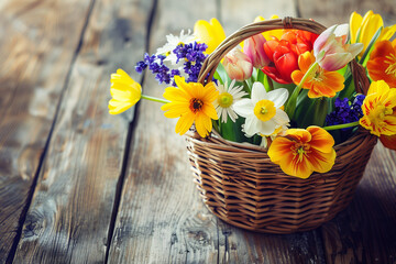 Close-up of a basket filled with spring flowers, symbolizing May Day, bright and fresh on a rustic wooden table, welcoming and cheerful - obrazy, fototapety, plakaty