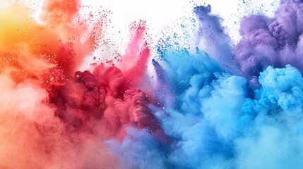 The dramatic explosion of colored powder captured in high definition, suspended in mid-air against a clean white canvas, evoking a sense of wonder and excitement