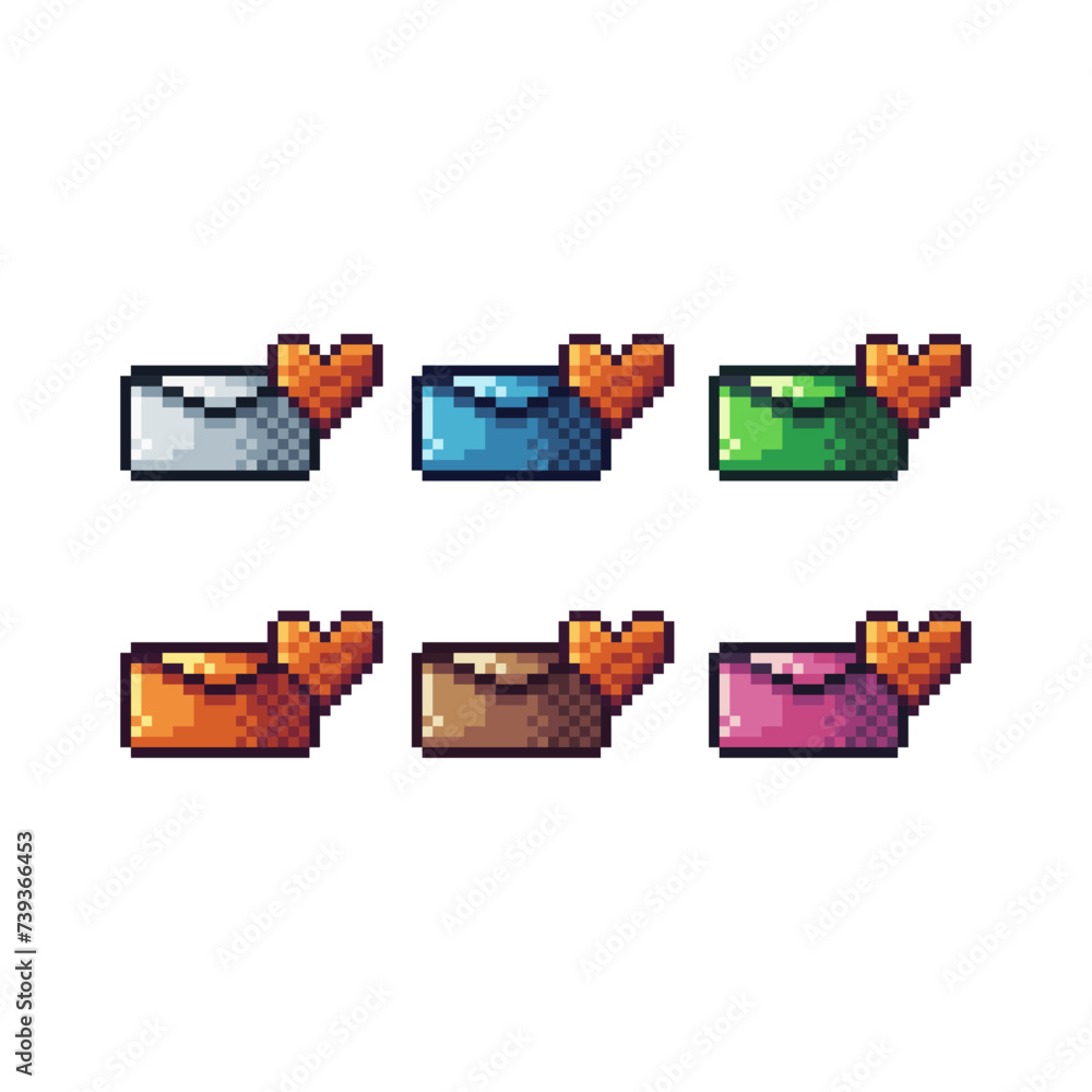 Poster pixel art sets icon of love letter in variation color. loving icon on pixelated style. 8bits perfect