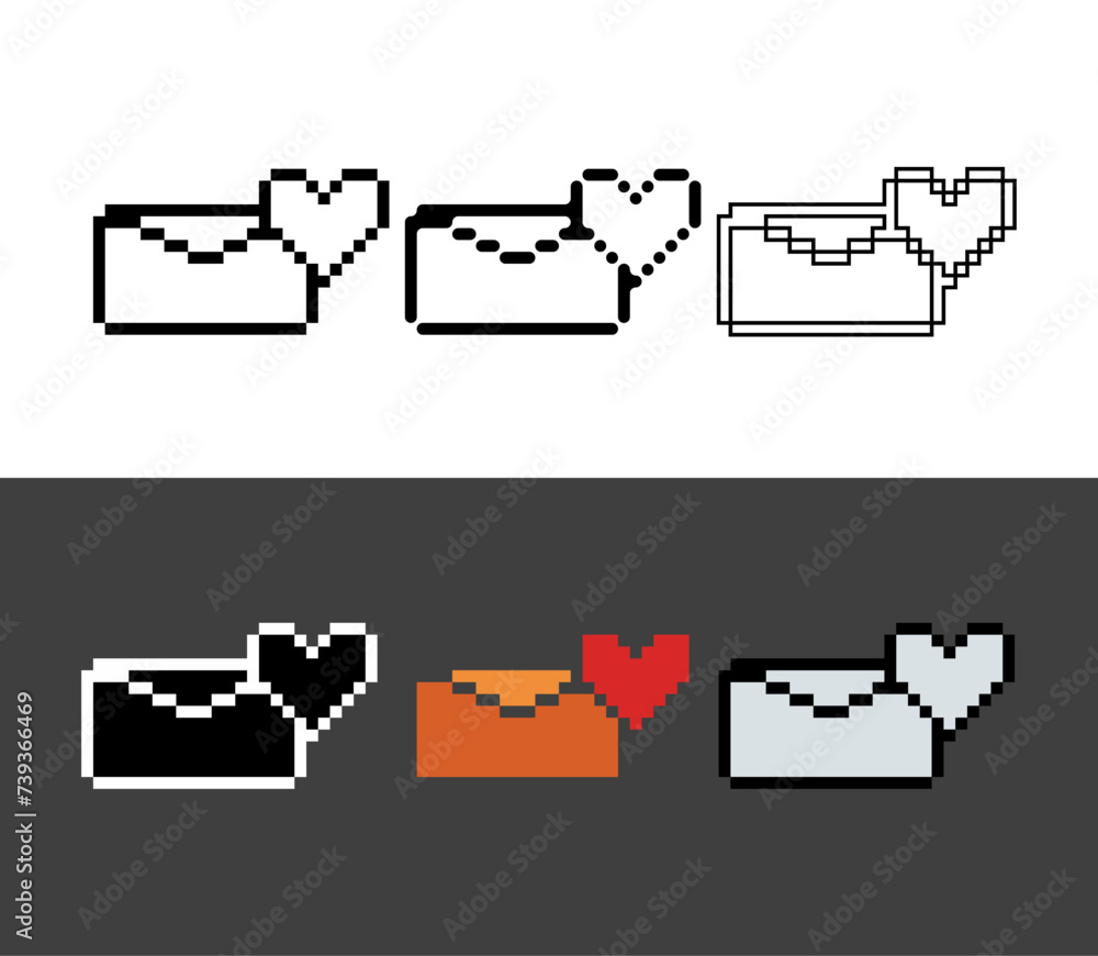 Poster pixel art outline sets icon of love letter in variation color. loving icon on pixelated style. 8bits