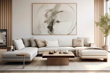 Fototapeta na wymiar A modern Nordic living area with a mix of contemporary art, clean lines, and a neutral color palette for a sophisticated and timeless design.