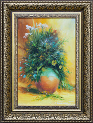 Picture of a bouquet of summer wildflowers in a vase. Oil painting still life in frame. Fine art, painting flowers.