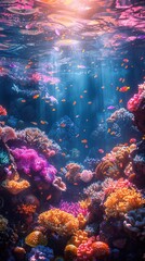 Collagen structure projection on a coral reef illuminating the underwater ecosystem with the scaffolding of life