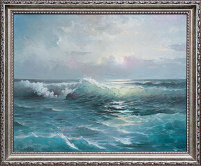 Oil painting seascape in frame. Fine art landscape. Cloudy sky, blue sea and waves.