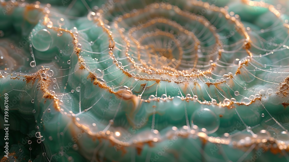 Poster close up of malachite swirl patterns with a dew laden spider web stretched across capturing the morn