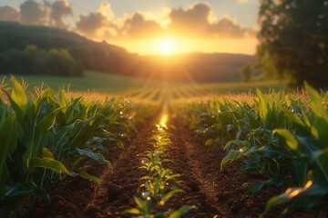 As the golden sun sets behind the lush green field, the promise of a bountiful harvest shines down on the agricultural landscape, creating a peaceful and hopeful atmosphere for the start of a new day - obrazy, fototapety, plakaty