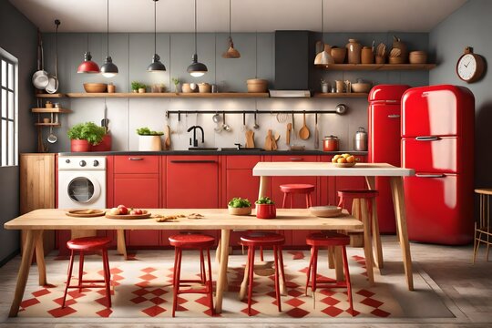 Cozy Retro Kitchen Interior with a Red Fridge and Ktichen Counter. 3D Render