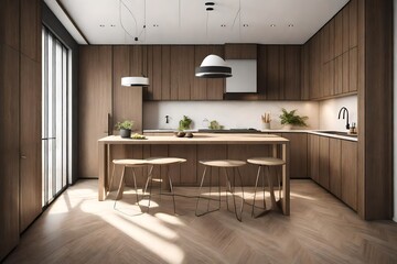 Fototapeta premium Modern and minimalist apartment interior kitchen. Kitchen with dark wooden cabinets. Natural oak texture material. Modern furniture. 3d renderings.
