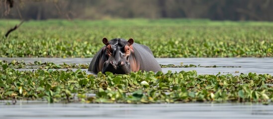 A playful hippo enjoying a refreshing swim in the tranquil water of a river