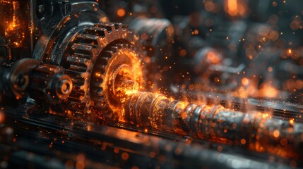 Automaton blacksmith forging enchanted swords gears whirring in rhythm with the hammer - obrazy, fototapety, plakaty
