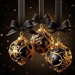Three black and gold ornaments hanging from a black ribbon, golden ornaments, filigree ornaments, elegant and ornate, intricate ornaments, black and gold rich color