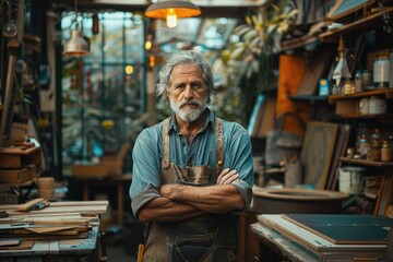 Amidst the clutter of fabric and tools, a stern-faced man stands with crossed arms, his presence commanding respect in the bustling workshop filled with furniture and books - obrazy, fototapety, plakaty