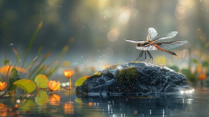 An obsidian stone in a creek the flowing water smoothing its sharp edges with a dragonfly perched delicately on top basking in the sunlight - obrazy, fototapety, plakaty