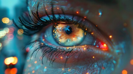 An eye enhanced by a retinal implant projecting augmented reality information into a bustling neon lit urban setting