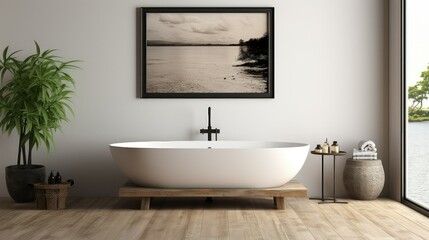 Bathroom interior design with a jacuzzi tub, black and white concept.