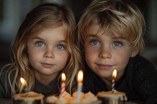 Two young children excitedly blow out the candles on their birthday cake, their faces lit up by the warm glow of the candles and the anticipation of delicious baked goods