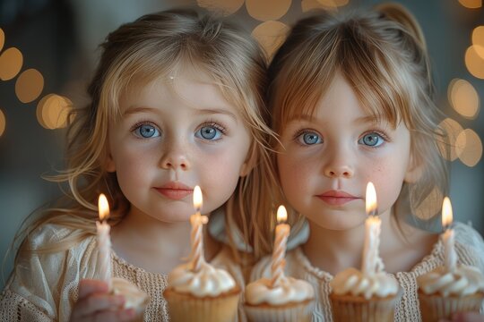 Two young girls celebrate a special birthday indoors, their faces glowing with joy as they hold cupcakes adorned with flickering candles