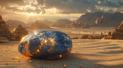 A lapis lazuli stone with gold flecks in a desert oasis where a mirage of an ancient city appears its golden domes shimmering in the heat