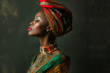 Stylish African woman wearing traditional clothing in studio