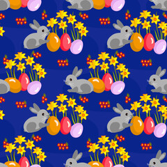 Vector - easter bunnies, eggs andflowers seamless pattern.