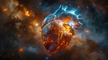 A holographic human heart floating in space connected to a cosmic pacemaker pulsing with starlight - obrazy, fototapety, plakaty