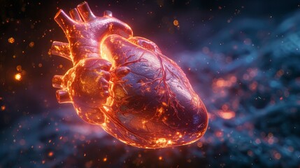 A holographic human heart floating in space connected to a cosmic pacemaker pulsing with starlight