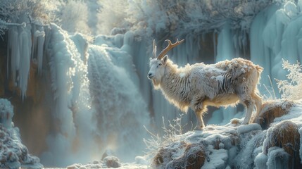 A frozen waterfall with sapphire crystals jutting out where a mountain goat navigates the icy terrain its coat dusted with frost and sapphire light