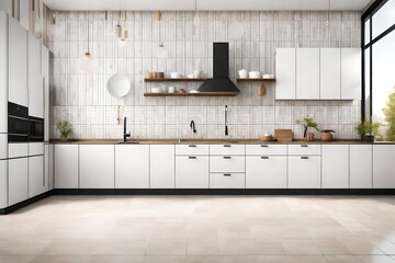 Empty modern kitchen with white and hardwood high kitchen cabinets with vertical metro tiled pattern background on cube black, brown, and white tiled floor with copy space 
