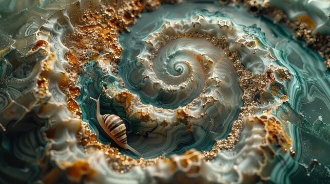A close up of malachite swirls with a snails shell perfectly echoing the stones natural patterns creating a spiraling symmetry