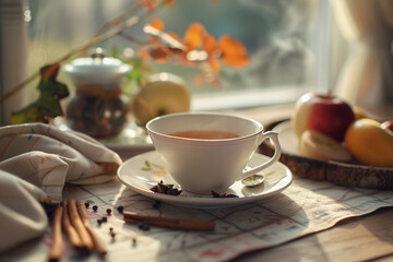 Fototapeta premium Autumn Afternoon Tea with Warm Spices and Fruits