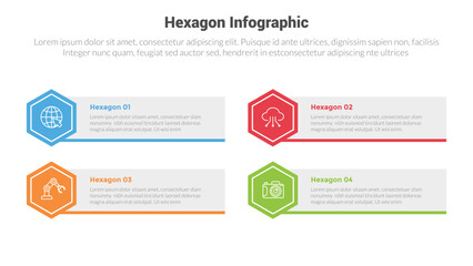 hexagon or hexagonal honeycombs shape infographics template diagram with rectangle box and footer accessories with 4 point step creative design for slide presentation
